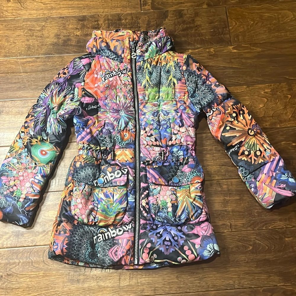 Desigual Girls Size 5-6 Purple Kaleidoscope Puffer Hoodie Jacket!